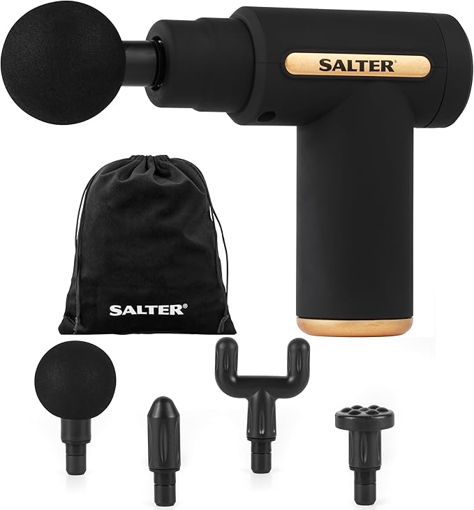 Salter EE7427BLKSTKEU7 Mini Massage Gun – 4 Massage Heads, LCD Panel, Electric Handheld, Rechargeable, 6 Intensity/Speeds, Includes Carry Bag and USB, Relaxation, Deep Massage, Tension Relief, Black