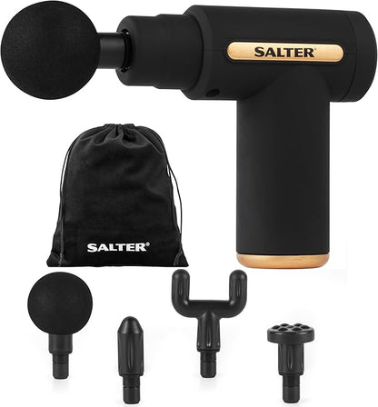 Salter EE7427BLKSTKEU7 Mini Massage Gun – 4 Massage Heads, LCD Panel, Electric Handheld, Rechargeable, 6 Intensity/Speeds, Includes Carry Bag and USB, Relaxation, Deep Massage, Tension Relief, Black
