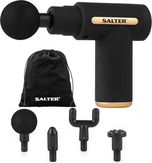 Salter EE7427BLKSTKEU7 Mini Massage Gun – 4 Massage Heads, LCD Panel, Electric Handheld, Rechargeable, 6 Intensity/Speeds, Includes Carry Bag and USB, Relaxation, Deep Massage, Tension Relief, Black