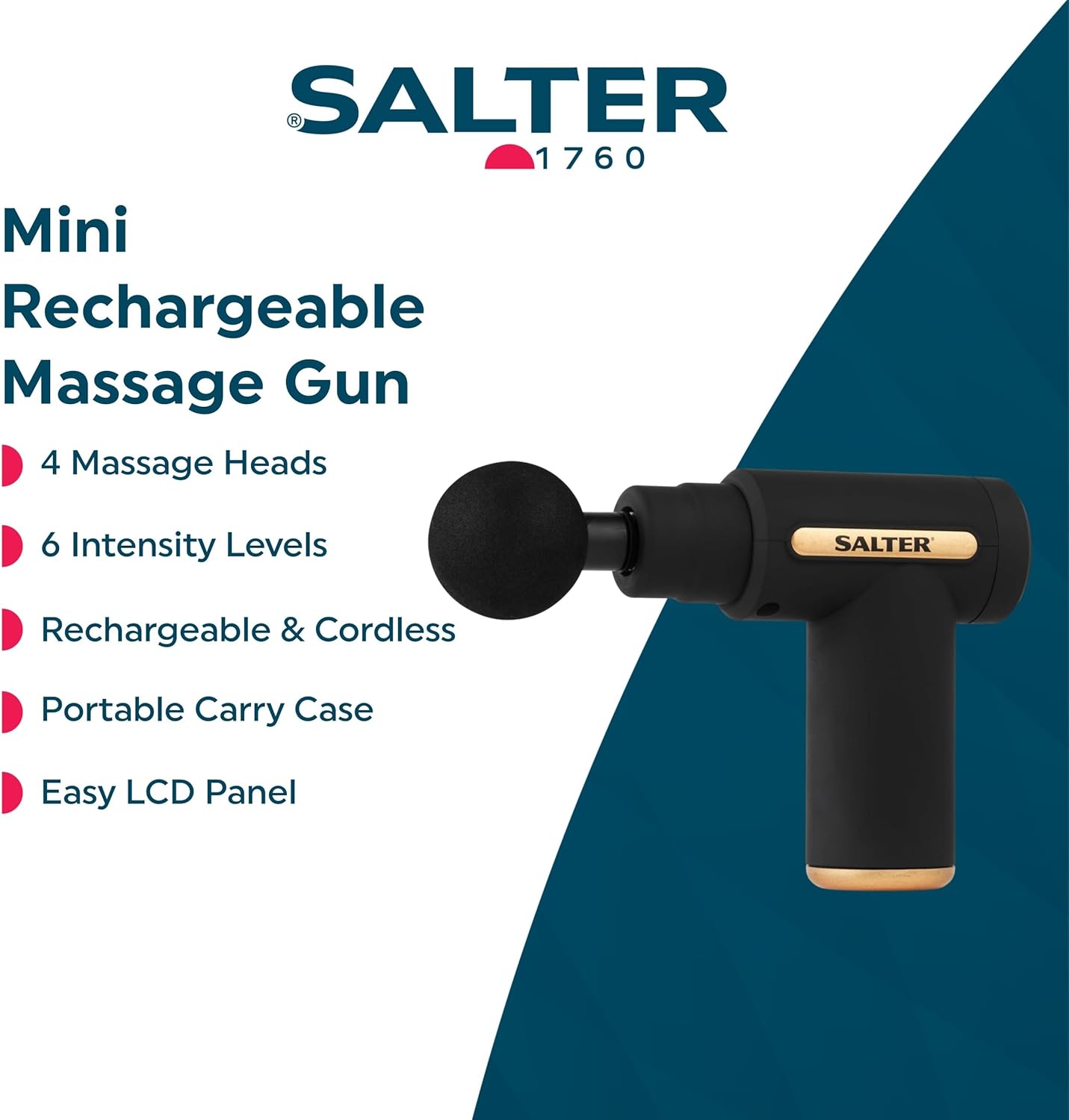 Salter EE7427BLKSTKEU7 Mini Massage Gun – 4 Massage Heads, LCD Panel, Electric Handheld, Rechargeable, 6 Intensity/Speeds, Includes Carry Bag and USB, Relaxation, Deep Massage, Tension Relief, Black