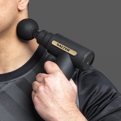 Salter EE7427BLKSTKEU7 Mini Massage Gun – 4 Massage Heads, LCD Panel, Electric Handheld, Rechargeable, 6 Intensity/Speeds, Includes Carry Bag and USB, Relaxation, Deep Massage, Tension Relief, Black